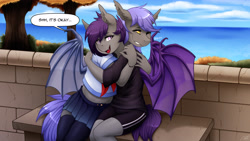 Size: 3201x1800 | Tagged: safe, artist:replica, imported from derpibooru, oc, oc only, oc:bar, oc:nolegs, anthro, bat pony, anthro oc, bat pony oc, bat wings, clothes, commission, consoling, crying, duo, ear fluff, eyebrows, eyebrows visible through hair, fangs, female, floppy ears, gritted teeth, high res, hug, lidded eyes, one eye closed, open mouth, open smile, sad, school uniform, sitting, skirt, smiling, socks, speech bubble, stockings, teary eyes, thigh highs, wings
