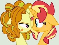 Size: 592x450 | Tagged: safe, artist:hugger-luve, artist:jadeharmony, artist:jadethepegasus, imported from derpibooru, adagio dazzle, sunset shimmer, pony, unicorn, base used, blushing, boop, equestria girls ponified, female, gray background, horn, horns are touching, lesbian, mare, noseboop, ponified, shipping, simple background, sunsagio, tongue out
