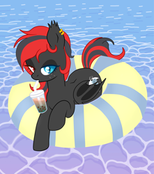 Size: 5000x5666 | Tagged: safe, artist:chip16, artist:nebychko, imported from derpibooru, oc, oc only, oc:sharpe, bat pony, pony, absurd resolution, base used, bat pony oc, bat wings, bedroom eyes, bubble tea, commission, female, floaty, food, heterochromia, mare, piercing, sipping, solo, swimming pool, tea, wings, ych result