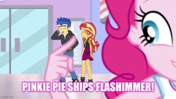 Size: 800x448 | Tagged: safe, edit, edited screencap, imported from derpibooru, screencap, flash sentry, pinkie pie, sunset shimmer, do it for the ponygram!, equestria girls, equestria girls series, spoiler:eqg series (season 2), caption, female, flashimmer, image macro, male, shipping, straight, text