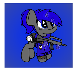 Size: 1495x1421 | Tagged: safe, artist:two2sleepy, imported from derpibooru, oc, oc only, oc:dream vezpyre, oc:dream², pony, chibi, clothes, famas, fangs, gun, hoodie, solo, tom clancy's the division, weapon