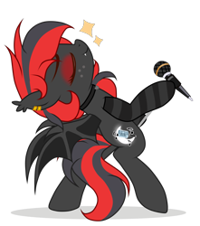 Size: 2539x2870 | Tagged: artist needed, safe, imported from derpibooru, oc, oc only, oc:sharpe, bat pony, pony, bat pony oc, bat wings, bipedal, clothes, collar, commission, eyes closed, fangs, female, freckles, high res, mare, microphone, microphone stand, piercing, simple background, singing, socks, striped socks, transparent background, wings, ych result