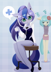 Size: 1000x1407 | Tagged: safe, artist:howxu, imported from derpibooru, coco pommel, princess luna, anthro, breasts, busty princess luna, cleavage, clothes, coco pommel is not amused, cocobetes, commission, cute, doctor, dress, duo, female, glasses, howxu is trying to murder us, looking at you, lunabetes, mare, sitting, skirt, speech bubble, stethoscope, swimsuit, unamused