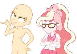 Size: 2404x1688 | Tagged: dead source, safe, artist:cherritoppu, artist:maiii-san, imported from derpibooru, oc, oc only, oc:cherry bloom, equestria girls, bald, base used, crossed arms, duo, equestria girls-ified, eyelashes, female, simple background, smiling, smirk, transparent background