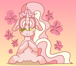 Size: 3016x2608 | Tagged: dead source, safe, artist:cherritoppu, artist:maiii-san, imported from derpibooru, oc, oc only, oc:cherry bloom, pony, unicorn, blushing, female, gradient background, high res, horn, mare, one eye closed, sitting, solo, unicorn oc, wink