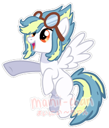 Size: 1086x1278 | Tagged: dead source, safe, artist:cherritoppu, artist:maiii-san, imported from derpibooru, oc, oc only, pegasus, female, flying, goggles, mare, open mouth, pegasus oc, simple background, smiling, transparent background, underhoof, wings