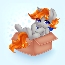 Size: 1080x1080 | Tagged: safe, artist:tookiut, imported from derpibooru, oc, oc only, oc:disterious, pony, unicorn, blue eyes, box, cute, happy, horn, looking at you, neckerchief, smiling, solo