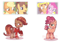 Size: 1263x875 | Tagged: dead source, safe, artist:cherritoppu, artist:maiii-san, imported from derpibooru, oc, earth pony, pony, clothes, earth pony oc, female, hat, looking back, male, mare, offspring, parent:applejack, parent:caramel, parent:cheese sandwich, parent:pinkie pie, parents:carajack, parents:cheesepie, screencap reference, side hug, simple background, stallion, straight, transparent background