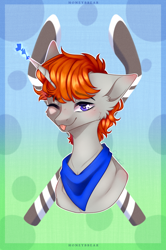 Size: 1806x2720 | Tagged: safe, artist:honeybbear, imported from derpibooru, oc, oc only, oc:disterious, pony, unicorn, blue eyes, bust, commission, cute, happy, hockey stick, horn, icon, looking at you, magic, magic aura, neckerchief, one eye closed, portrait, simple background, smiling, solo, tongue out, wink