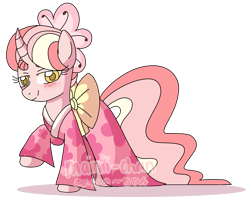 Size: 2180x1720 | Tagged: dead source, safe, artist:cherritoppu, artist:maiii-san, imported from derpibooru, oc, oc only, oc:cherry bloom, pony, blushing, clothes, curved horn, dress, eyelashes, female, horn, kimono (clothing), mare, raised hoof, simple background, smiling, solo, transparent background, watermark
