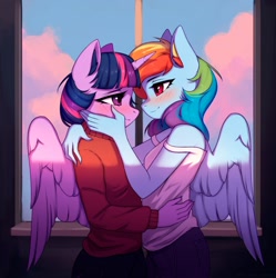 Size: 1494x1500 | Tagged: safe, artist:kaito_wivil, artist:mrscroup, imported from derpibooru, rainbow dash, twilight sparkle, alicorn, anthro, pegasus, blushing, clothes, female, hand on hip, holding head, lesbian, looking at each other, mare, shipping, sweater, twidash, window