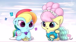 Size: 4096x2298 | Tagged: safe, artist:sverre93, imported from derpibooru, fluttershy, rainbow dash, butterfly, pegasus, pony, alternate hairstyle, baby, baby pony, chibi, clothes, cute, daaaaaaaaaaaw, dashabetes, dress, duo, duo female, female, gala dress, high res, modelshy, open mouth, open smile, shyabetes, smiling, sverre is trying to murder us, weapons-grade cute