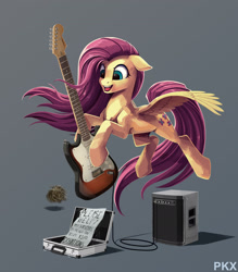 Size: 2048x2337 | Tagged: safe, artist:ponykillerx, imported from twibooru, fluttershy, pegasus, guitar, image, musical instrument, needs more jpeg, solo, tumbleweed