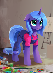 Size: 1640x2250 | Tagged: safe, artist:ponykillerx, imported from twibooru, princess luna, alicorn, clothes, female, filly, image, overalls, paint, png, s1 luna, solo, woona, younger