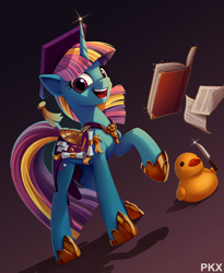 Size: 1560x1900 | Tagged: safe, artist:ponykillerx, imported from twibooru, dewdrop dazzle, bird, duck, unicorn, book, image, knife, png, solo