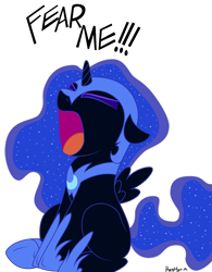 Size: 1700x2177 | Tagged: safe, artist:alexvii, artist:kerorolover16, derpibooru exclusive, edit, imported from derpibooru, nightmare moon, colored, cute, fear me, female, filly, nightmare woon, screaming, solo