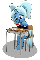 Size: 1356x2036 | Tagged: safe, artist:xppp1n, imported from ponybooru, trixie, pony, unicorn, alternate hairstyle, babysitter trixie, book, clothes, female, hoodie, looking down, mare, pencil, pensive, pigtails, school uniform, sitting, solo, underhoof