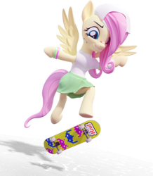 Size: 3840x4396 | Tagged: safe, artist:xppp1n, imported from ponybooru, fluttershy, pegasus, pony, 3d, backwards ballcap, bandaid, baseball cap, blender, blender cycles, cap, clothes, female, hair over one eye, hat, kickflip, looking down, mare, skateboard, skirt, smiling, solo, spread wings, underhoof, wings