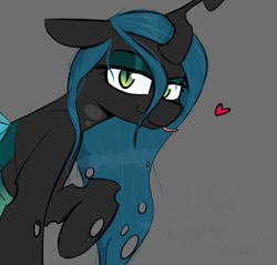 Size: 1315x1256 | Tagged: safe, artist:pinkberry, imported from derpibooru, imported from ponybooru, queen chrysalis, changeling, changeling queen, cheeselegs, cute, cutealis, female, gray background, heart, human shoulders, looking at you, lubed, raised hoof, simple background, slit pupils, solo, text, tongue out, wavy mouth, when you see it