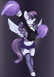 Size: 2120x3000 | Tagged: safe, artist:t72b, imported from derpibooru, inky rose, pegasus, pony, alternate design, bipedal, braid, braided pigtails, cheering, cheerleader, clothes, female, fishnets, goth, high res, mare, open mouth, pom pom, simple background, skirt, socks, solo, stockings, thigh highs