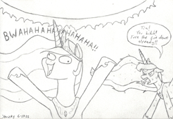 Size: 1138x787 | Tagged: safe, artist:hericks, imported from derpibooru, imported from ponybooru, princess celestia, princess luna, doodle, funny, laughing, monochrome, speech bubble, sun, swearing, sweat, vulgar