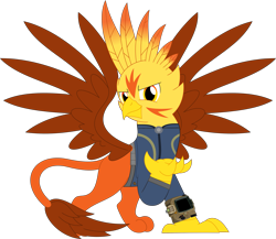 Size: 3559x3095 | Tagged: safe, artist:ponygamer2020, artist:porygon2z, imported from derpibooru, oc, oc only, oc:blaze, griffon, fallout equestria, absurd resolution, clothes, fallout, griffon oc, high res, jumpsuit, looking at you, male, pipboy, simple background, smiling, smiling at you, solo, transparent background, vault suit, vector