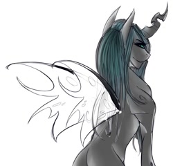 Size: 838x804 | Tagged: safe, artist:sombershadows, derpibooru exclusive, imported from derpibooru, queen chrysalis, changeling, changeling queen, pony, colored sketch, devious smile, eyelashes, female, looking at you, looking back, looking back at you, mare, simple background, sitting, sketch, smiling, solo, white background