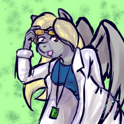 Size: 1000x1000 | Tagged: safe, artist:jbcblanks, imported from derpibooru, oc, oc only, anthro, pegasus, abstract background, clothes, cute, female, goggles, lab coat, looking at you, open mouth, patreon, patreon reward, safety goggles, science, shirt, signature, smiling, solo, wings