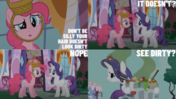 Size: 1280x720 | Tagged: safe, edit, edited screencap, editor:quoterific, imported from derpibooru, screencap, pinkie pie, rarity, earth pony, pony, unicorn, party of one, season 1, :o, carousel boutique, confused, duo, duo female, female, mare, o, o mouth, open mouth, smiling, solo, teeth, trash, trash can