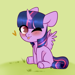 Size: 1024x1024 | Tagged: safe, artist:maryzet, imported from derpibooru, twilight sparkle, alicorn, pony, :p, blushing, chibi, cute, frog (hoof), heart, hoofbutt, one eye closed, sitting, solo, spread wings, tongue out, twiabetes, twilight sparkle (alicorn), underhoof, wings, wink