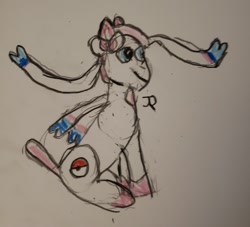 Size: 1512x1373 | Tagged: safe, artist:joeydr, imported from derpibooru, pony, sylveon, atg 2021, bad drawing, horrible, newbie artist training grounds, poké ball, pokéball, pokémon, ponified, signature, simple background, solo, traditional art, what the fuck is this shit