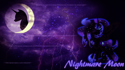 Size: 1600x900 | Tagged: safe, imported from derpibooru, nightmare moon, lightning, moon, stars, text, wallpaper