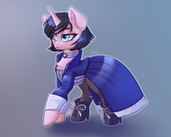 Size: 1772x1417 | Tagged: safe, artist:dandy, imported from derpibooru, pony, unicorn, bioshock, bioshock infinite, choker, clothes, corset, crossover, dress, female, newbie artist training grounds, ponified, shoes, signature, simple bcakground, solo