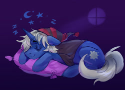 Size: 2816x2041 | Tagged: safe, artist:lunnita_pony, imported from derpibooru, oc, oc only, pony, unicorn, high res, horn, moon, onomatopoeia, pillow, sleeping, solo, sound effects, stars, unicorn oc, zzz