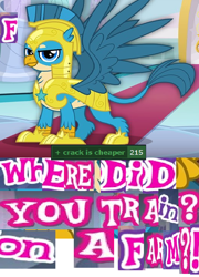 Size: 590x821 | Tagged: safe, editor:horsesplease, imported from derpibooru, gallus, griffon, the last problem, caption, crack is cheaper, dissonant caption, expand dong, exploitable meme, f, gallusposting, general zod, image macro, meme, movie reference, royal guard, royal guard gallus, superman, text, zach snyder