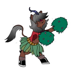 Size: 1200x1200 | Tagged: safe, artist:pony quarantine, imported from derpibooru, oc, oc only, oc:kaumaha ekahi, kirin, bipedal, cheerleader, cheerleader outfit, clothes, female, grass skirt, hair over eyes, kirin oc, pom pom, simple background, skirt, solo, white background