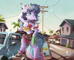 Size: 4096x3327 | Tagged: safe, artist:saxopi, imported from derpibooru, oc, oc only, earth pony, semi-anthro, car, car wash, chest fluff, clothes, floral head wreath, flower, house, palm tree, solo, suds, telephone pole, tree