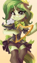 Size: 1679x2881 | Tagged: safe, artist:saxopi, imported from derpibooru, oc, oc only, semi-anthro, unicorn, clothes, female, glasses, harp, horn, looking at you, mare, musical instrument, reading glasses, simple background, smiling, solo, unicorn oc, yellow background, zettai ryouiki