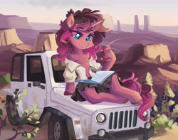 Size: 4096x3231 | Tagged: safe, artist:saxopi, imported from derpibooru, oc, oc only, semi-anthro, unicorn, book, clothes, desert, jeep, reading, scenery, shirt, sitting, skirt, soda, soda can, solo, vehicle