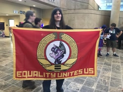 Size: 4032x3024 | Tagged: safe, imported from derpibooru, starlight glimmer, human, unicorn, bronycon, bronycon 2019, communism, flag, irl, irl human, photo, stalin glimmer