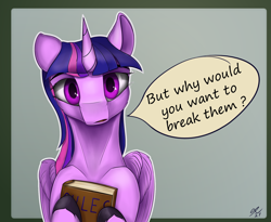 Size: 1950x1600 | Tagged: safe, artist:tenebrisnoctus, imported from derpibooru, twilight sparkle, alicorn, pony, atg 2021, book, female, gradient background, looking at you, mare, newbie artist training grounds, solo, speech bubble, talking to viewer, twilight sparkle (alicorn), unshorn fetlocks