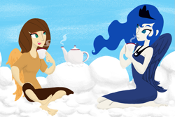 Size: 1125x750 | Tagged: safe, artist:aliasforrent, imported from derpibooru, princess luna, oc, oc:ellis, human, cloud, cup, duo, female, food, humanized, no pupils, on a cloud, sitting, sitting on a cloud, sitting on cloud, steam, tea, teacup, teapot, winged humanization, wings