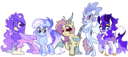 Size: 1280x573 | Tagged: safe, artist:renhorse, imported from derpibooru, oc, oc only, oc:elegant purple, oc:harpsichord, oc:hawk eyes, oc:scald, oc:star sweets, draconequus, dragon, griffon, kirin, pegasus, pony, female, mare, simple background, transparent background