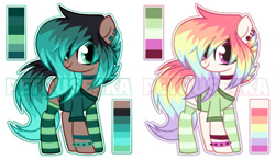 Size: 1280x747 | Tagged: safe, artist:petruse4ka, imported from derpibooru, oc, oc only, earth pony, pony, choker, clothes, duo, ear piercing, earring, jewelry, multicolored hair, piercing, rainbow hair, reference sheet, smiling, socks, striped socks, watermark