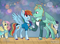 Size: 2732x2048 | Tagged: safe, artist:moccabliss, imported from derpibooru, fluttershy, rainbow dash, soarin', zephyr breeze, pegasus, pony, clothes, dress, female, high res, implied shipping, implied soarindash, implied straight, male, mare, shipping, stallion, straight, suit, zephdash