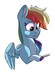 Size: 1085x1450 | Tagged: safe, artist:moccabliss, imported from derpibooru, rainbow dash, pony, hoof hold, pregnancy test, simple background, solo, white background