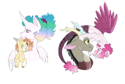 Size: 2540x1708 | Tagged: safe, artist:moccabliss, imported from derpibooru, discord, princess celestia, oc, oc:cinder, oc:neko, alicorn, hybrid, pony, alternate hairstyle, bust, curved horn, dislestia, ethereal mane, family, father and child, father and daughter, female, horn, hug, interspecies offspring, like father like daughter, like father like son, like mother like daughter, like mother like son, like parent like child, looking at each other, male, mother and child, mother and son, offspring, one eye closed, parent:discord, parent:princess celestia, parents:dislestia, ponytail, shipping, simple background, starry mane, straight, white background, winghug, wings