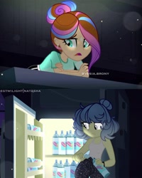 Size: 1080x1350 | Tagged: safe, artist:sia.brony, imported from derpibooru, oc, oc:sia, equestria girls, bust, clothes, duo, equestria girls-ified, eyelashes, female, hair bun, refrigerator, sad, sleeveless