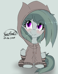 Size: 2380x3000 | Tagged: safe, artist:freefraq, imported from derpibooru, marble pie, earth pony, pony, chest fluff, clothes, cute, female, gray background, high res, hoodie, marblebetes, mare, shadow, signature, simple background, smiling, socks, solo, striped socks, text