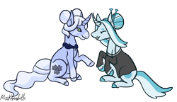 Size: 1550x892 | Tagged: safe, artist:misskanabelle, imported from derpibooru, oc, oc only, oc:blue buttons, oc:lapis lace, pony, unicorn, clothes, duo, female, hair bun, hairpin, horn, offspring, parent:photo finish, parent:pokey pierce, parents:photopierce, raised hoof, siblings, signature, simple background, sisters, transparent background, unicorn oc, unshorn fetlocks